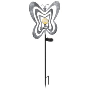 Piquet solaire LED Globo papillon gris argenté, 83 cm, avec boule en verre craquelé pour jardin et terrasse.