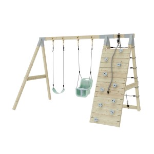 Aire de jeux PolarPlay Kuckuck vert menthe avec balançoires et mur d'escalade.