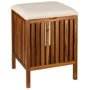Sgabello da bagno Wenko Fondi in legno marrone con cuscino beige, ideale come cesto portabiancheria.