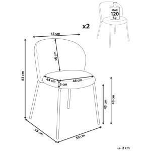 Beliani Chaise de salle à manger Miles Cord Taupe lot de 2, dimensions. Chaise rembourrée avec revêtement en velours côtelé et pieds en métal.