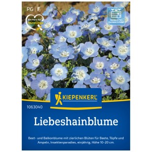 Sachet de graines de Kiepenkerl Liebeshainblume avec des fleurs bleu ciel. Fleur d'été annuelle pour massifs, pots et balcons.