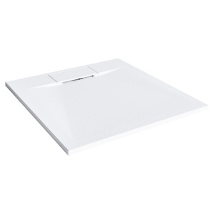 Receveur de douche blanc plat en plastique SMC aspect pierre avec bonde intégrée, 90x90 cm.
