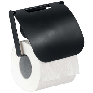 Wenko Static-Loc® Porta rotolo carta igienica Pavia nero con rotolo di carta.
