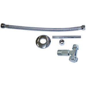 Kit de raccordement de réservoir WC pour arrivée d'eau arrière, comprenant robinet d'équerre, flexible et tube de raccordement.