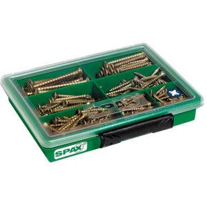 Kit de vis Spax, zinguées jaunes, 245 pièces dans une boîte d'assortiment verte avec couvercle transparent.