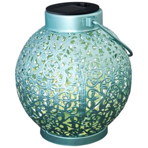 Lanterne solaire turquoise Schönenberger Pollux avec motif ajouré pour jardin et balcon.