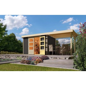 Casetta da giardino in legno Karibu Boras color terragrau con tetto piatto ed estensione, 298x213 cm.