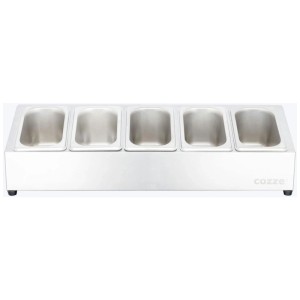 Cozze Topping-Station aus Edelstahl mit 5 Fächern für Grillzutaten.
