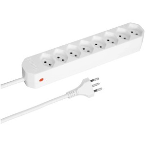 Weiße Steckdosenleiste mit 8 T13-Steckplätzen, 1,5 m Kabel und Reset-Button.