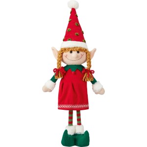 Décoration de Noël fille elfe en polyester, rouge-vert, avec bonnet pointu, tresses et jambes rayées.