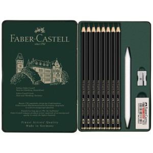Faber-Castell Grafitstifte Set, 11-teilig im Metalletui mit Stiften, Radierer, Spitzer und Papierwischer.