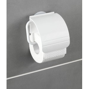 Porta carta igienica Wenko Static-Loc Osimo bianco con coperchio su parete grigia.