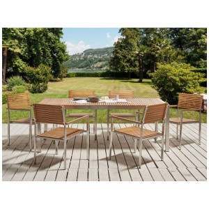 Salon de jardin Viareggio: table rectangulaire en teck et 6 chaises en acier inoxydable sur terrasse.