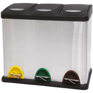 MSV Pattumiera differenziata in acciaio inox 60L con 3 scomparti e pedali colorati.