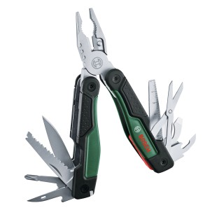 Outil multifonction Bosch 16 en 1 avec pince, couteau, scie et tournevis. Accessoire polyvalent pour outils multifonctions.