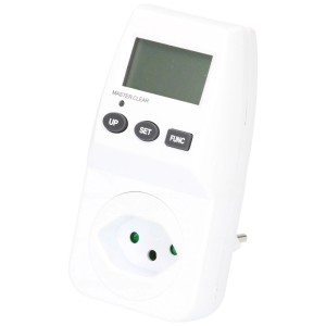 Compteur d'énergie blanc pour domotique avec écran et boutons.