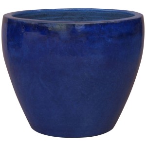 Vaso per piante in terracotta smaltata blu, Ø 35cm. Forma conica, per interni ed esterni.