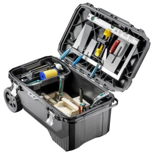 Technocraft Maurer-Werkzeugkiste Mobil Sion, 29-teilig, geöffnet mit Werkzeugen.
