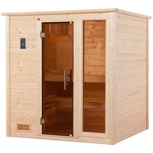 Sauna en bois massif Weka Bergen avec porte et fenêtre en verre, épicéa naturel, poêle inclus.