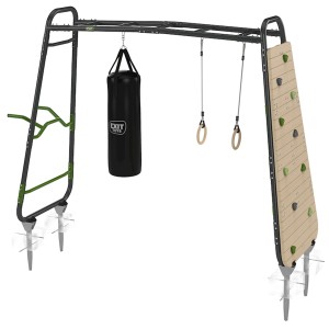 Exit Monkeybar GetSet MB220 torre gioco con sacco da boxe, parete da arrampicata, anelli da ginnastica e stazione dip.