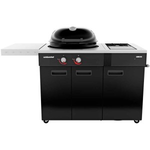 Barbecue a gas Outdoorchef Lugano 570 G Evo II, nero, con bruciatore laterale e coperchio.