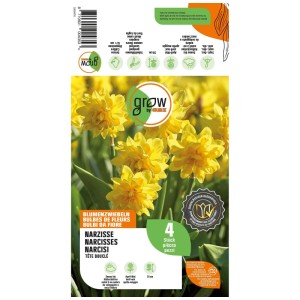 GROW by OBI Narzisse Tête bouclée, gelbe, gefüllte Blüten. Packung mit 4 Blumenzwiebeln für den Garten.