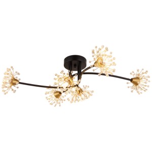 Moderna plafoniera LED Fiore nero opaco con fiori di cristallo e dettagli dorati.