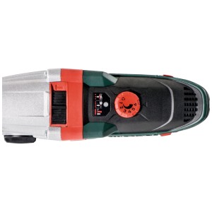 Metabo Schlagbohrmaschine SBEV 1100-2 S, Aufsicht. Silber-rotes Gehäuse, roter Drehregler, Modus-Schalter.