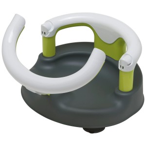 Siège de bain bébé Rotho anthracite et vert, avec anneau rabattable et ventouses pour une fixation sûre.