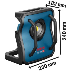 Faretto da lavoro a LED a batteria Bosch Professional GLI 18V-4000 C, blu con maniglia e dimensioni.