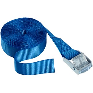 Sangle d'arrimage bleue (25 mm x 5 m) avec boucle de serrage en acier, enroulée.