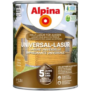 Alpina Universal-Lasur Eiche, 2,5 l Dose für Holzschutz im Außenbereich.
