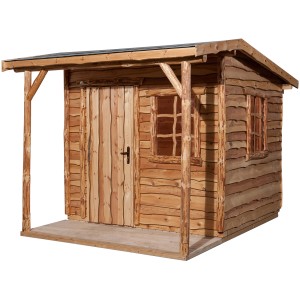 Casetta da giardino in legno Weka non trattato con tetto a due falde e ingresso coperto.