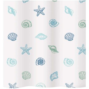 Tenda doccia Diaqua Mare con motivi marini color acqua (stelle marine, conchiglie) su tessuto bianco.