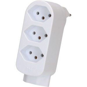 Adaptateur multiple blanc Adapt avec 3 prises T13 et fiche rotative pour une utilisation flexible.