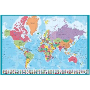 Sous-main de bureau carte du monde (40x59 cm) pour bureau et chambre d'enfant. Pays et drapeaux illustrés.
