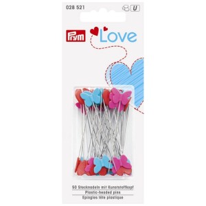 Spilli Prym Love, 50 pz, con teste in plastica a forma di cuore e farfalla.