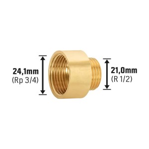 Réducteur fileté en laiton 21 mm (R 1/2) x 24,1 mm (Rp 3/4) pour plomberie et chauffage.