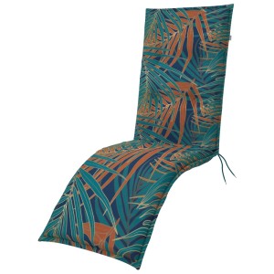 Cuscino per lettino da giardino con motivo a foglie tropicali in blu, verde e arancione.