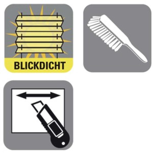 Symboles pour store plissé Gardinia Easy Fix : occultant, nettoyage, raccourcissable.