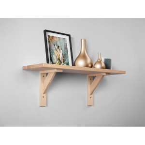 Étagère murale avec deux supports en chêne, 19,5x16,5 cm, avec des éléments décoratifs sur le mur.