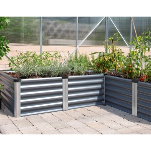 Carré, gris, le potager d'intérieur Vitavia Linus 401 en métal rempli de plantes.