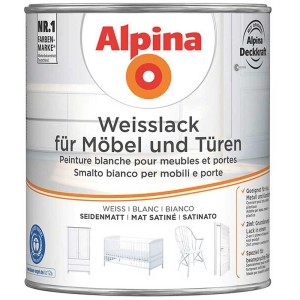 Peinture blanche satinée Alpina pour meubles et portes, pot de 750ml.