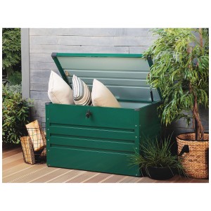 Offene, dunkelgrüne Beliani Auflagenbox Cebrosa aus Stahl mit Kissen. Universalbox für Garten.