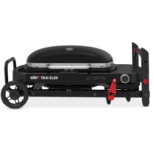 Barbecue a gas Weber Traveler Compact mini nero compatto con ruote e tavolino laterale.