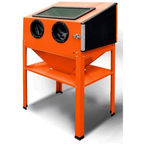Cabina di sabbiatura arancione TRG 4222 con finestra e guanti.