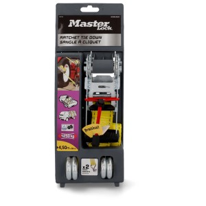 Sangle d'arrimage à cliquet Master Lock avec crochets en J, longueur 4,5 m, idéale pour voyage et transport.