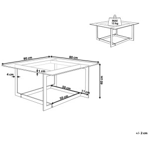 Schéma : Table basse Crystal dorée avec plateau en verre, 80x80x40cm, charge max. 15kg.