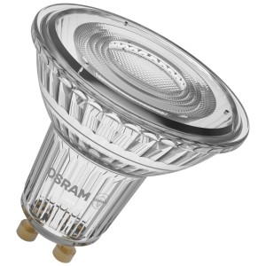 Riflettore LED Osram PAR16 GU10 dimmerabile in vetro, 6,1W, 2700K, per illuminazione d'atmosfera.