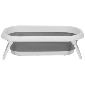 Baignoire pliable pour bébé Rotho 2go, gris/blanc, pliée. Baignoire bébé peu encombrante pour voyage.
